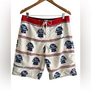 O'Neill White and Blue Pabst Blue Ribbon Logo Board Shorts